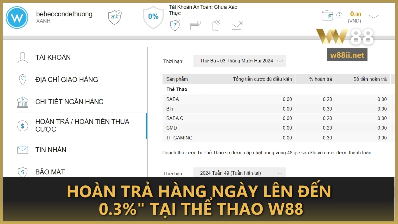 Hoàn trả hàng ngày lên đến 0.3%" tại Thể Thao W88