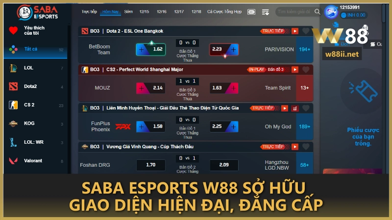 SABA Esports W88 sở hữu giao diện hiện đại, đẳng cấp