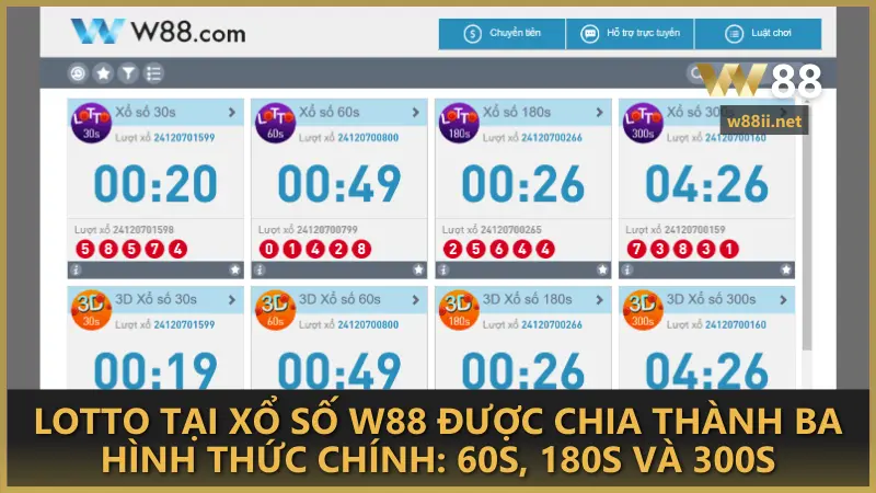 Lotto tại xổ số W88 được chia thành ba hình thức chính: 60s, 180s, và 300s